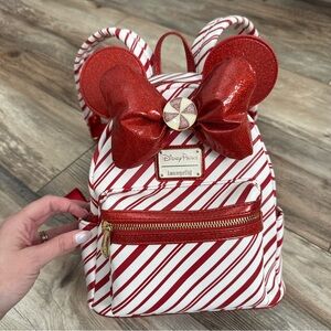 Disney Loungefly Red and White Candy Cane Striped Backpack with Bow